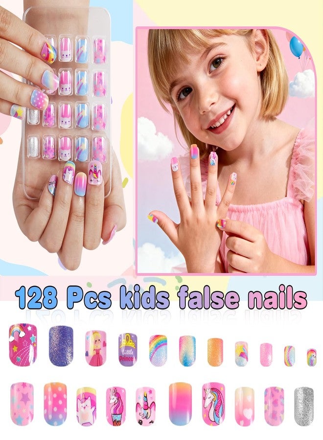 SIUSIO 6 Pack Press on Nails kids Children Acrylic Fake Nails Cute Pre-glue Full Cover Gradient Color Rainbow Short Stick On False Nail Art Kits Set for Kids Little Girls - Rainbow Dream - Image 5